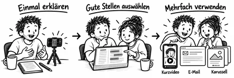 Originalskizze: Einmal aufnehmen, gute Stellen auswählen und als Kurzvideo, E-Mail oder Karussell mehrfach verwenden.