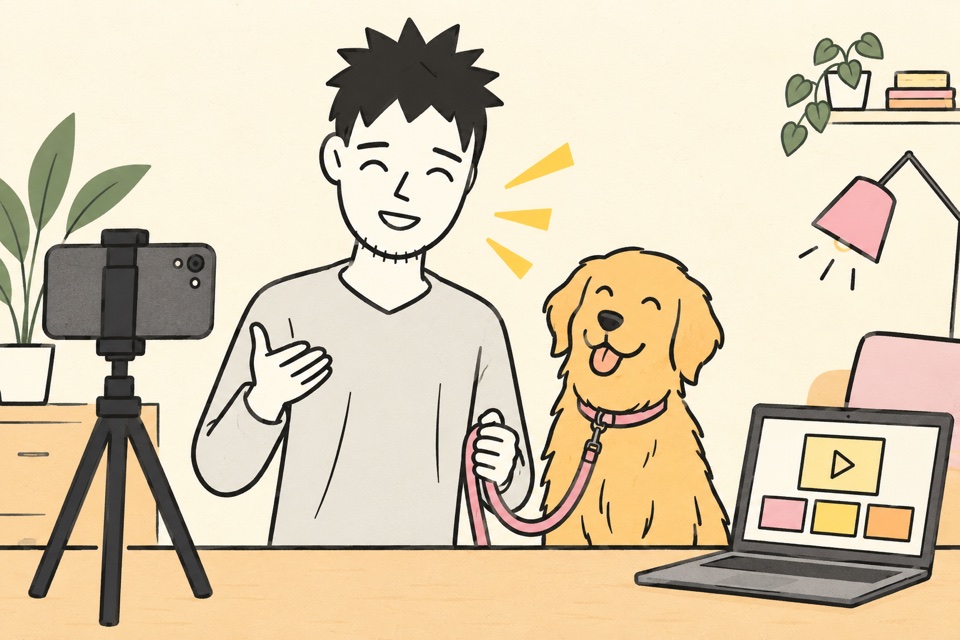 Derselbe Mann erklärt vor einer Handykamera seine Lösung. Ein Hund sitzt neben ihm, auf dem Laptop sind Kurslektionen dargestellt.