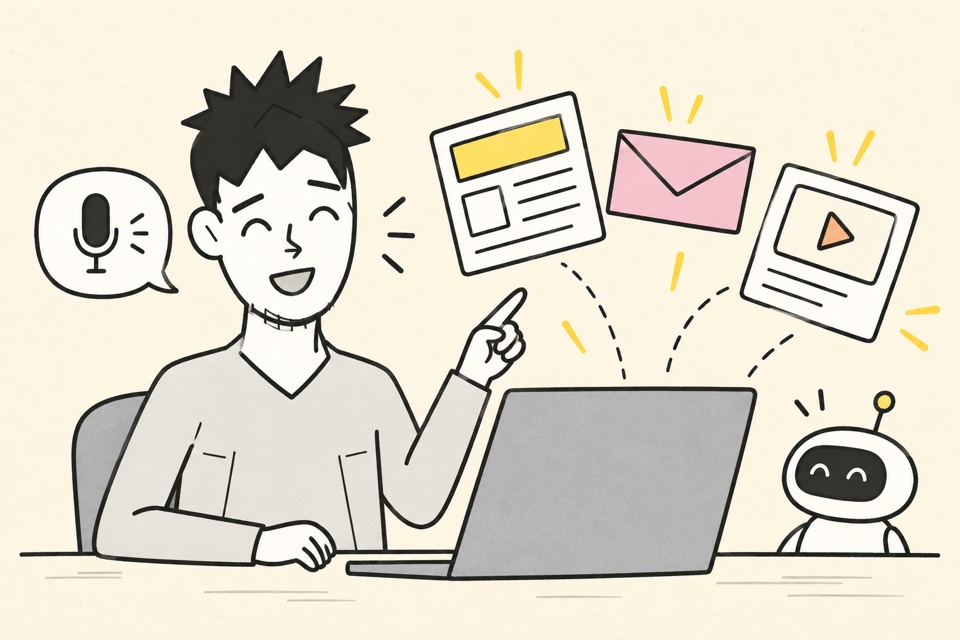 Der Mann spricht mit einer KI am Laptop. Vor ihm entstehen Entwürfe für eine Verkaufsseite, E-Mails und eine Kursübersicht.